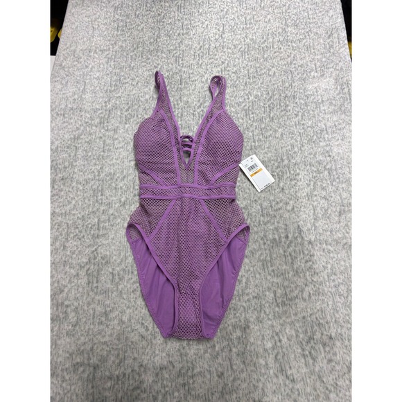 BECCA by Rebecca Virtue Womens Plunge One Piece Swimsuit Purple Mesh 721047 S
